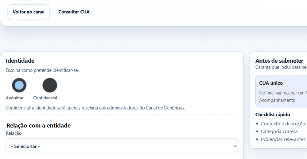 Formulário real do canal público EKOAR com opções de identidade e CUA